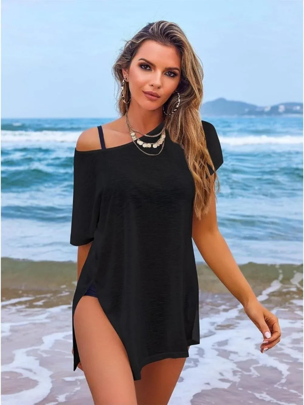 Women's Black Short Sleeve Cover Ups for Beach Bathing Suit Swimwear